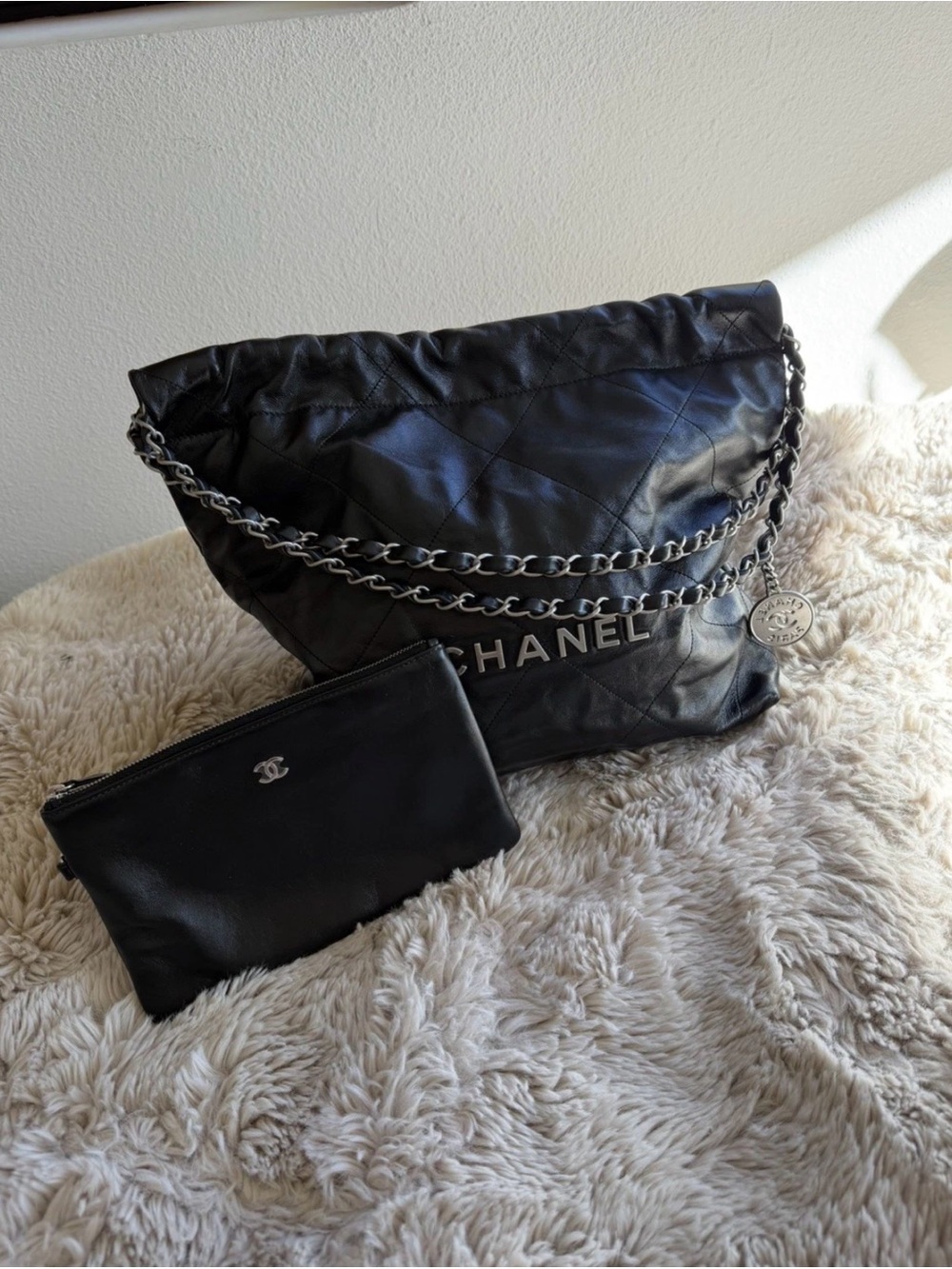 Chanel Black Shiny Calfskin Quilted Small Chanel 22 Bag